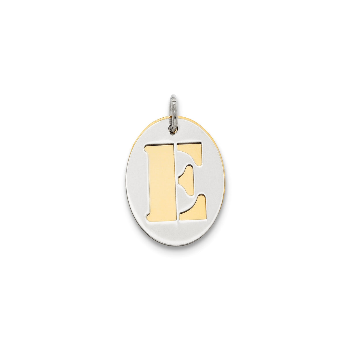 Sterling Silver Oval Pendant with Cutout Design and Gold Plated Letter E