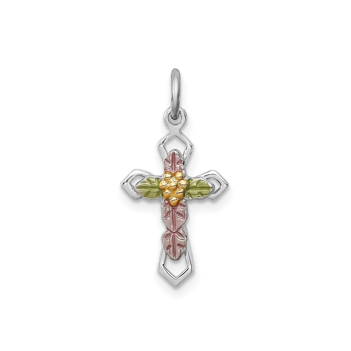 Sterling Silver Cross Pendant with Epoxy, Rose Gold Tone Grape and Leaf Motif, Nature Inspired Religious Design