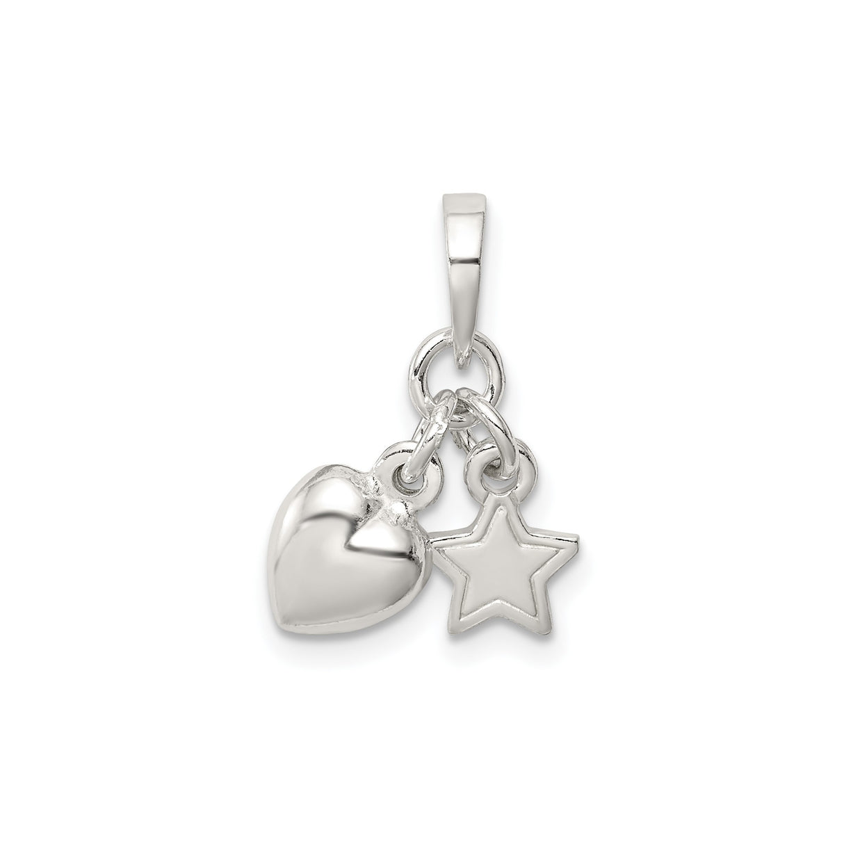 Sterling Silver Heart and Star Charm Pendant with Polished and Open Design