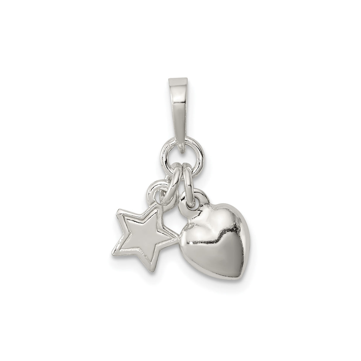 Sterling Silver Heart and Star Charm Pendant with Polished and Open Design