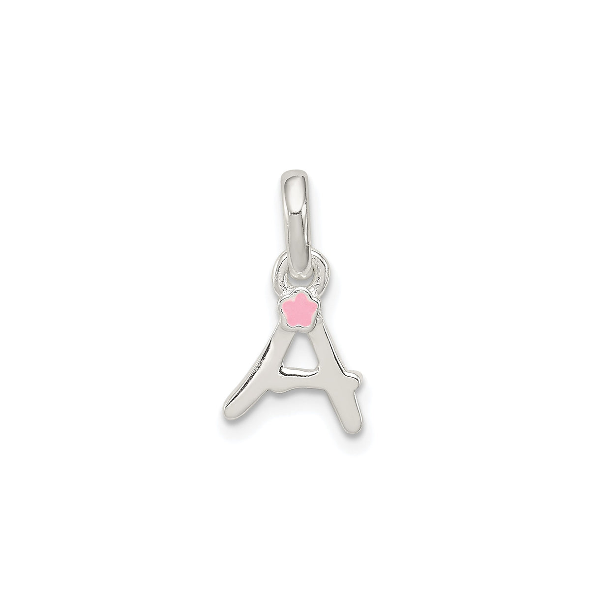 Sterling Silver Initial Pendant with Pink Enamel Flower Accent, Letter A Charm for Women or Girls