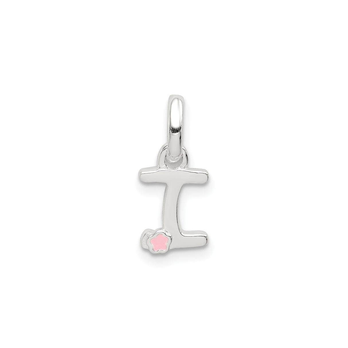 Sterling Silver Letter I Pendant with Pink Enamel Flower, Script Initial Charm for Women