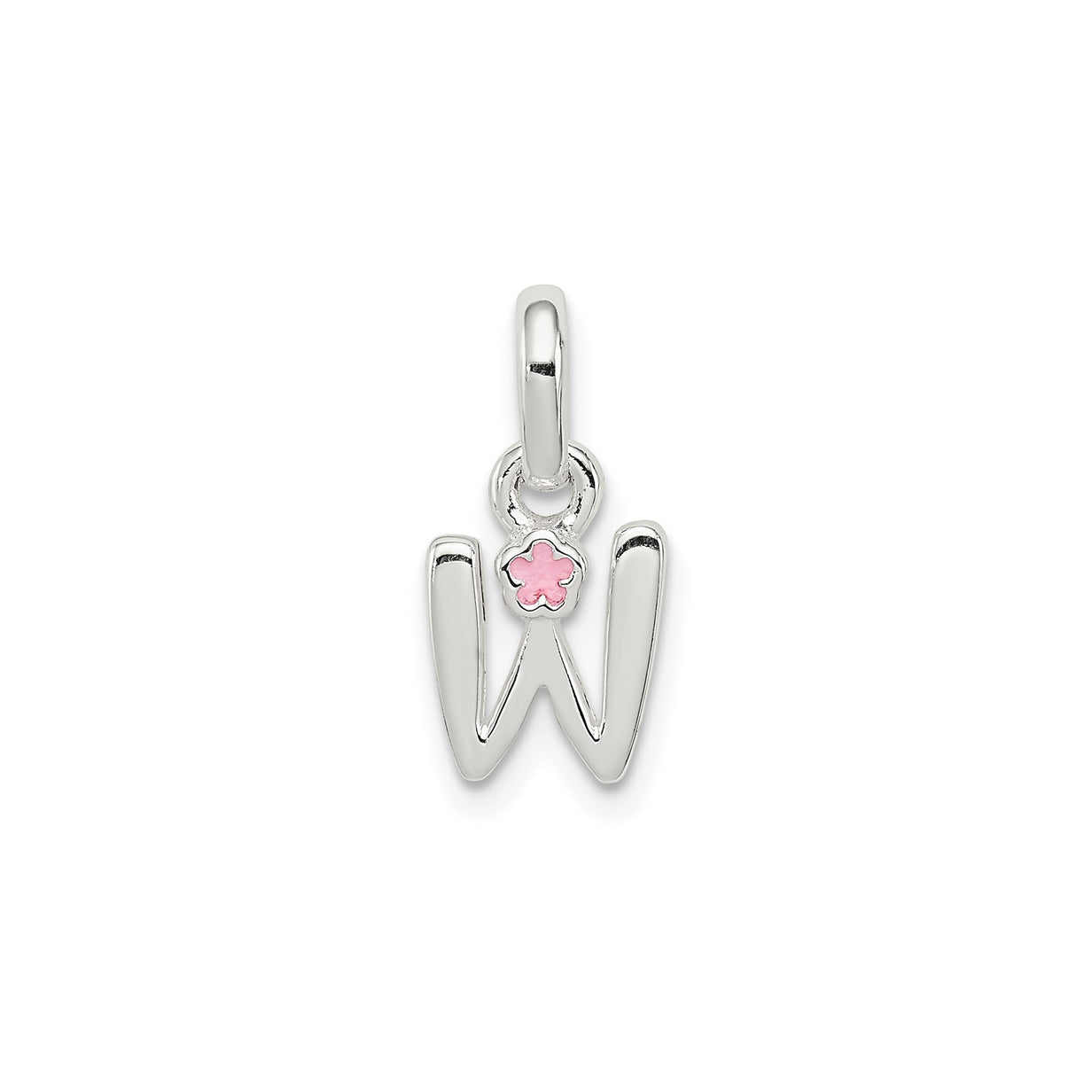Sterling Silver Letter W Pendant Charm with Pink Enamel Flower Accent, Polished Finish