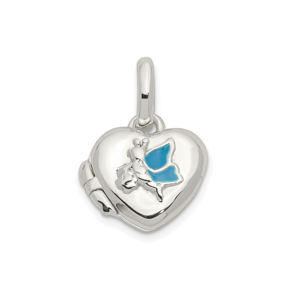 Sterling Silver Heart Locket Pendant with Blue Winged Fairy Design, Fantasy Jewelry for Women