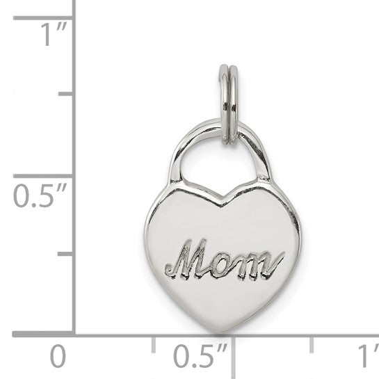 Polished MOM Heart Charm Pendant in Real 925 Sterling Silver