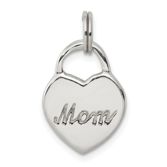 Polished MOM Heart Charm Pendant in Real 925 Sterling Silver