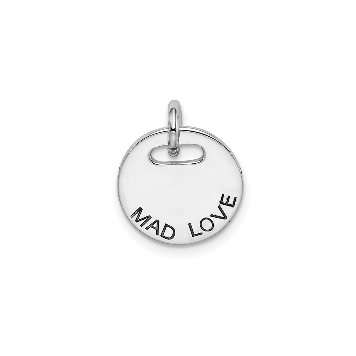 Sterling Silver Round Pendant with Mad Love Message, Modern Minimalist Charm