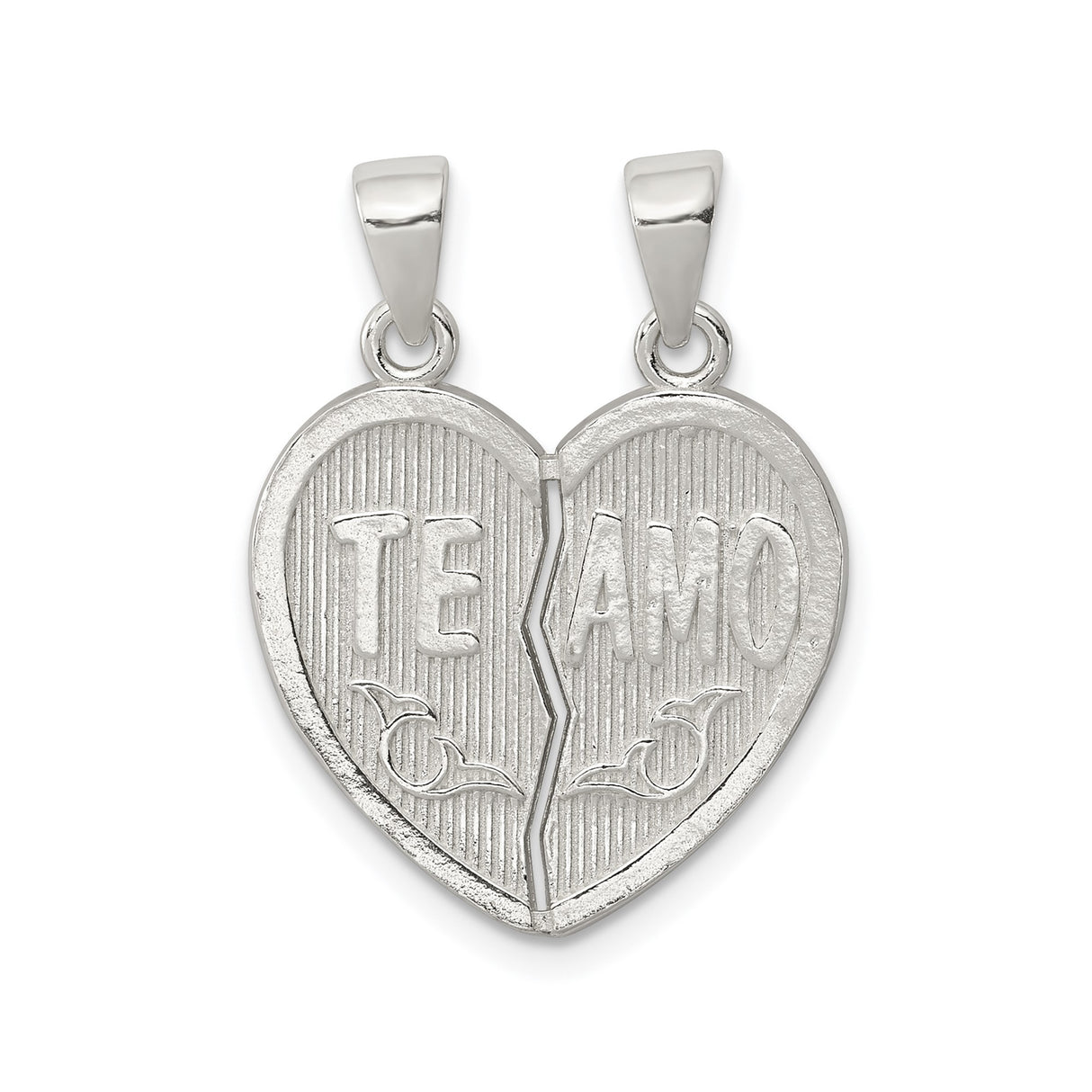 Sterling Silver Break Apart Heart Pendant with Te Amo Engraving, Romantic Couple Jewelry