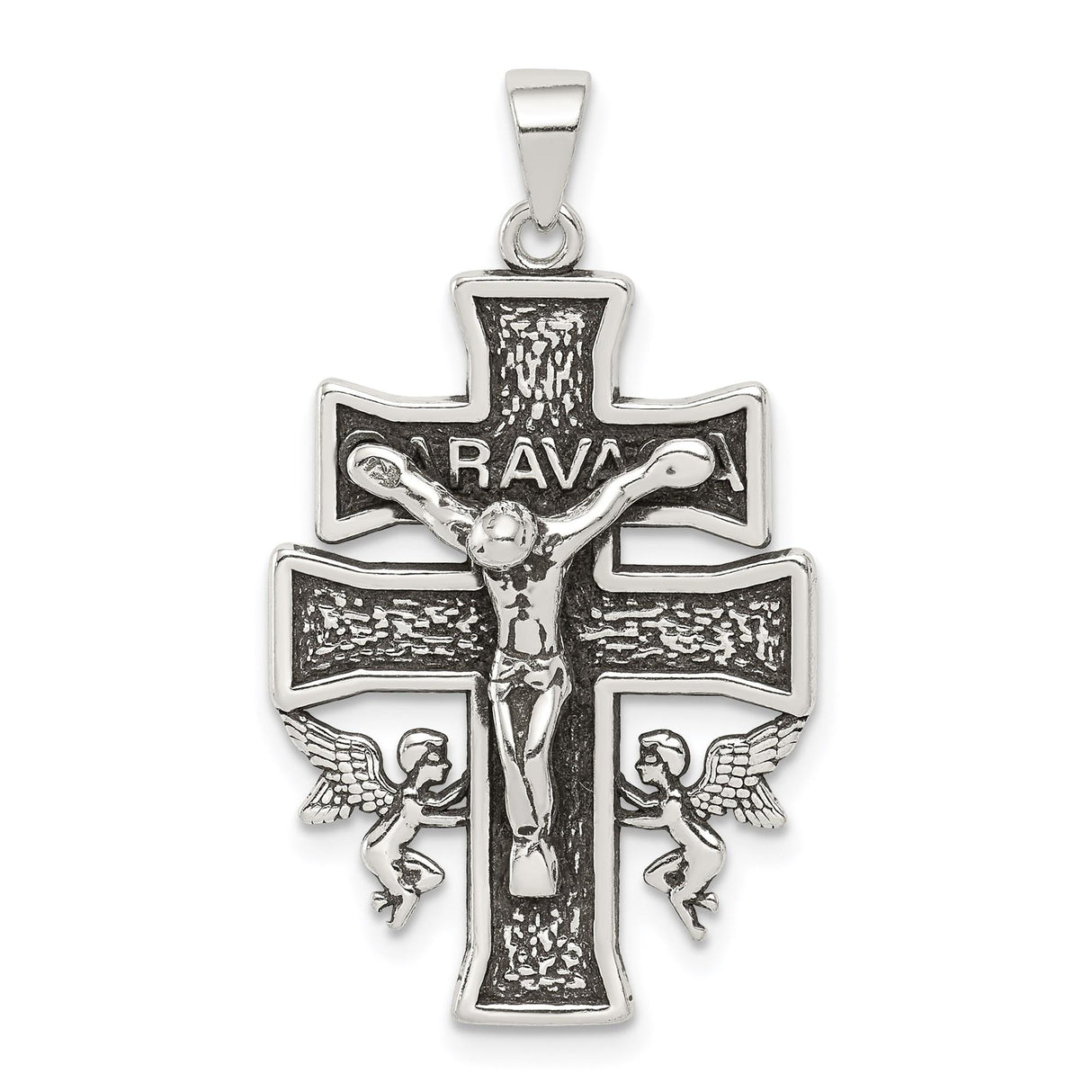 Sterling Silver Crucifix Cross Pendant with High Relief Jesus and Caravaca Style Details