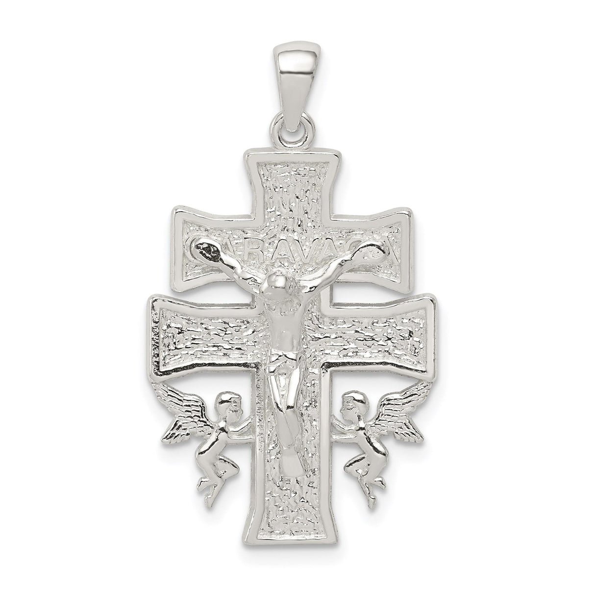 Sterling Silver Crucifix Cross Pendant with Layered Caravaca and Detailed Jesus Charm