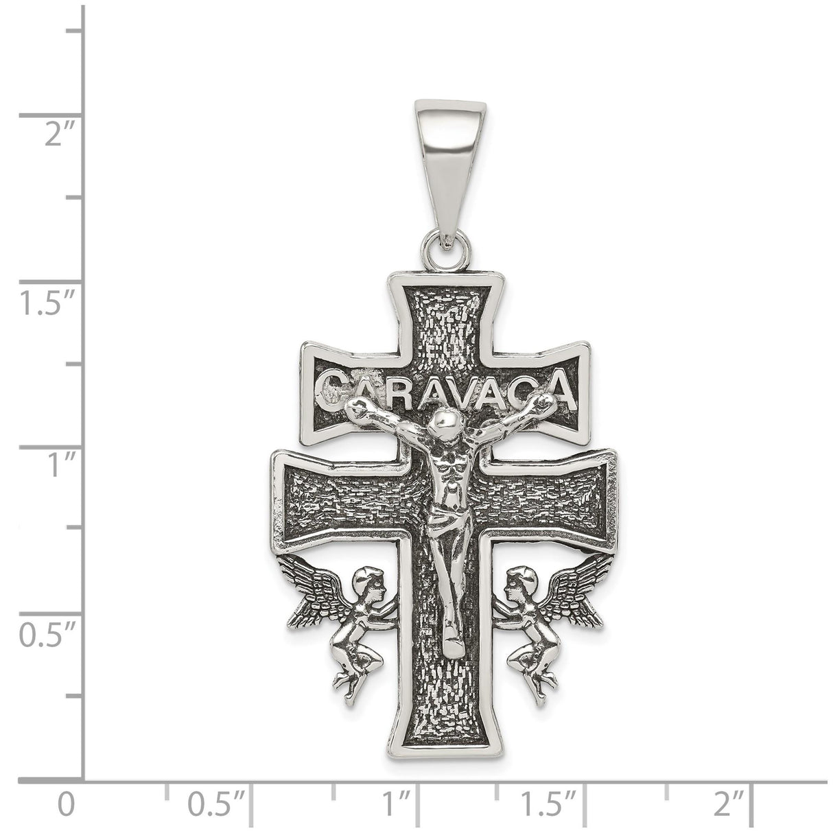 Sterling Silver Caravaca Crucifix Cross Pendant with Raised Relief Jesus and Angels