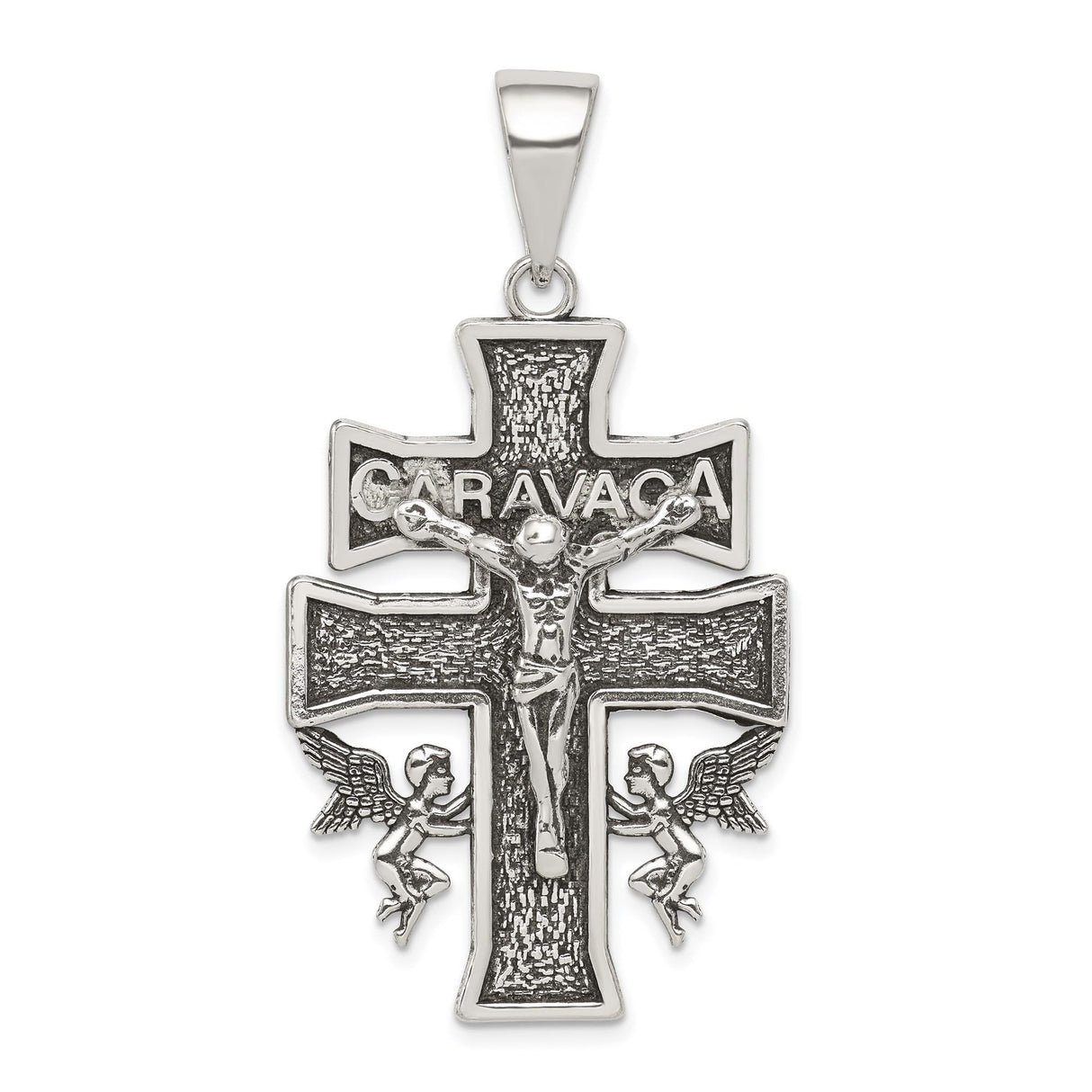 Sterling Silver Caravaca Crucifix Cross Pendant with Raised Relief Jesus and Angels