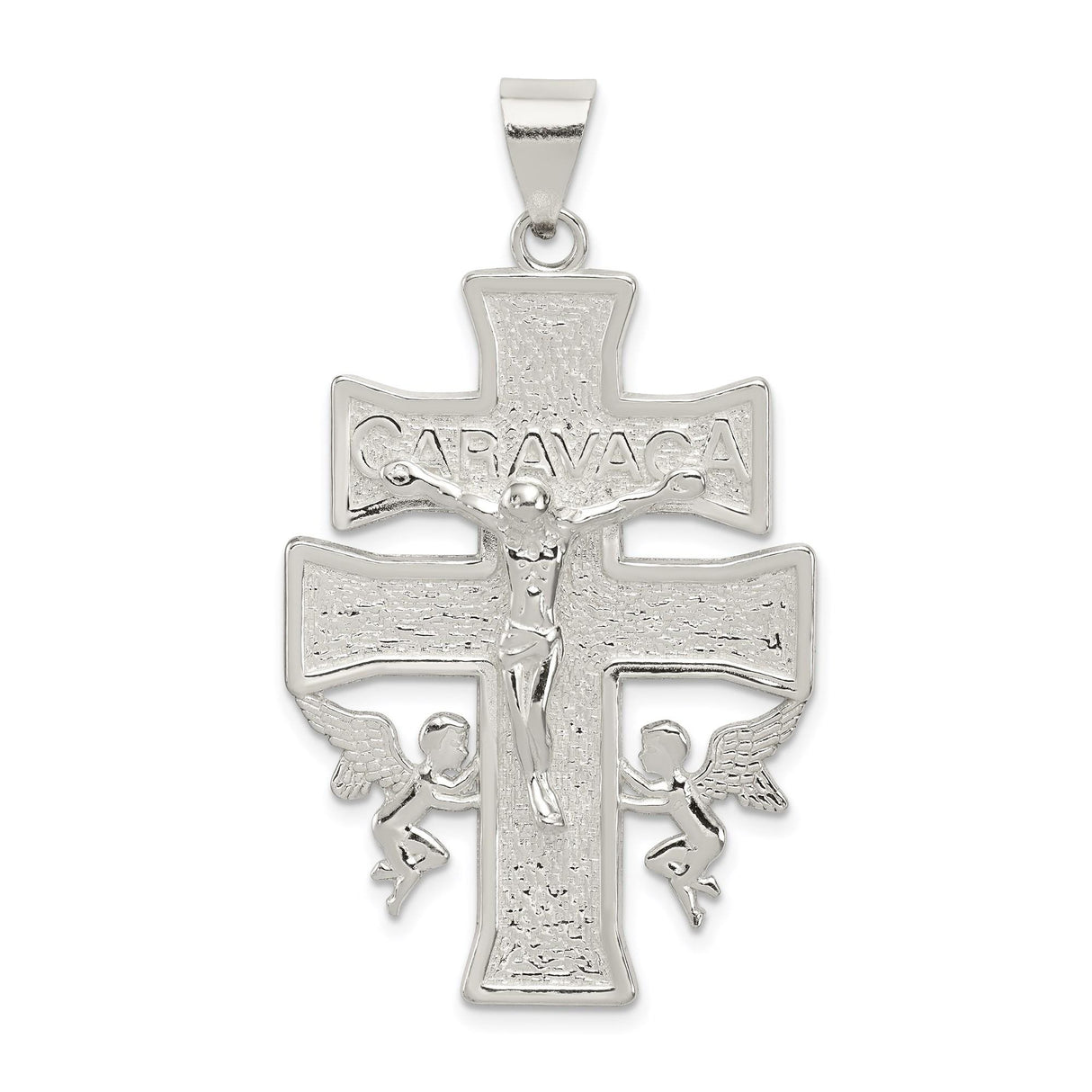 Sterling Silver Caravaca Crucifix Cross Pendant with Angel and INRI Detail