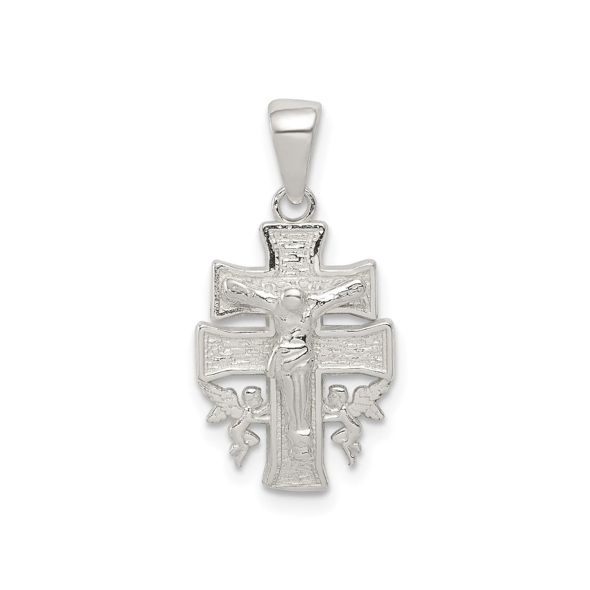 Sterling Silver Crucifix Cross Pendant with INRI Jesus, Angel Wings, and Beveled Edges
