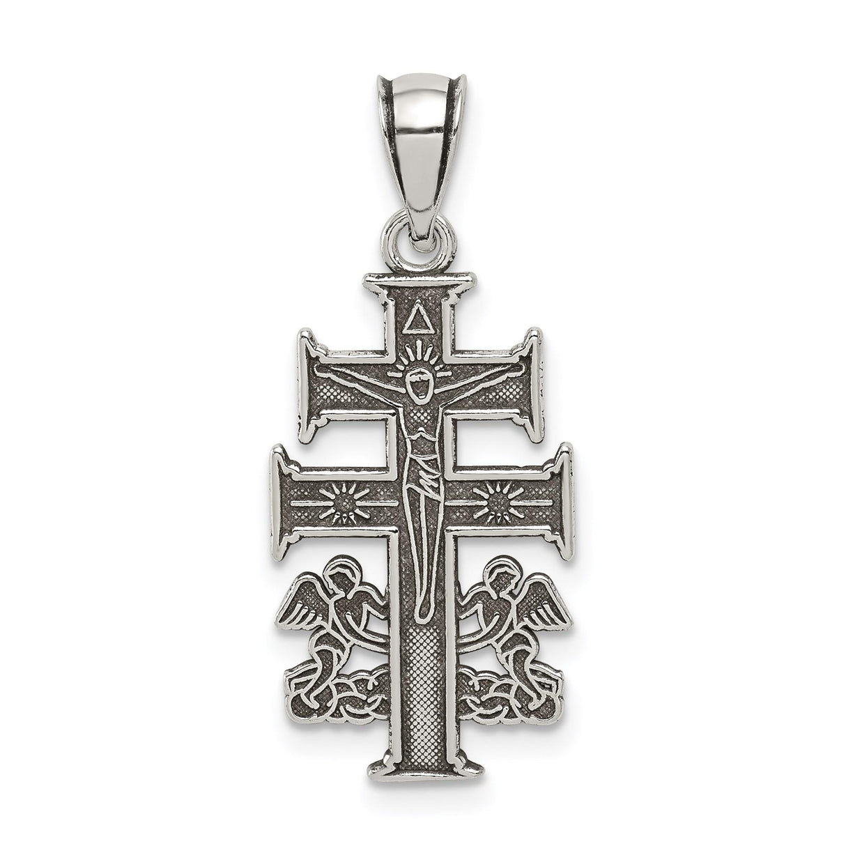Sterling Silver Crucifix Pendant with Caravaca Double Cross and Angel Detail