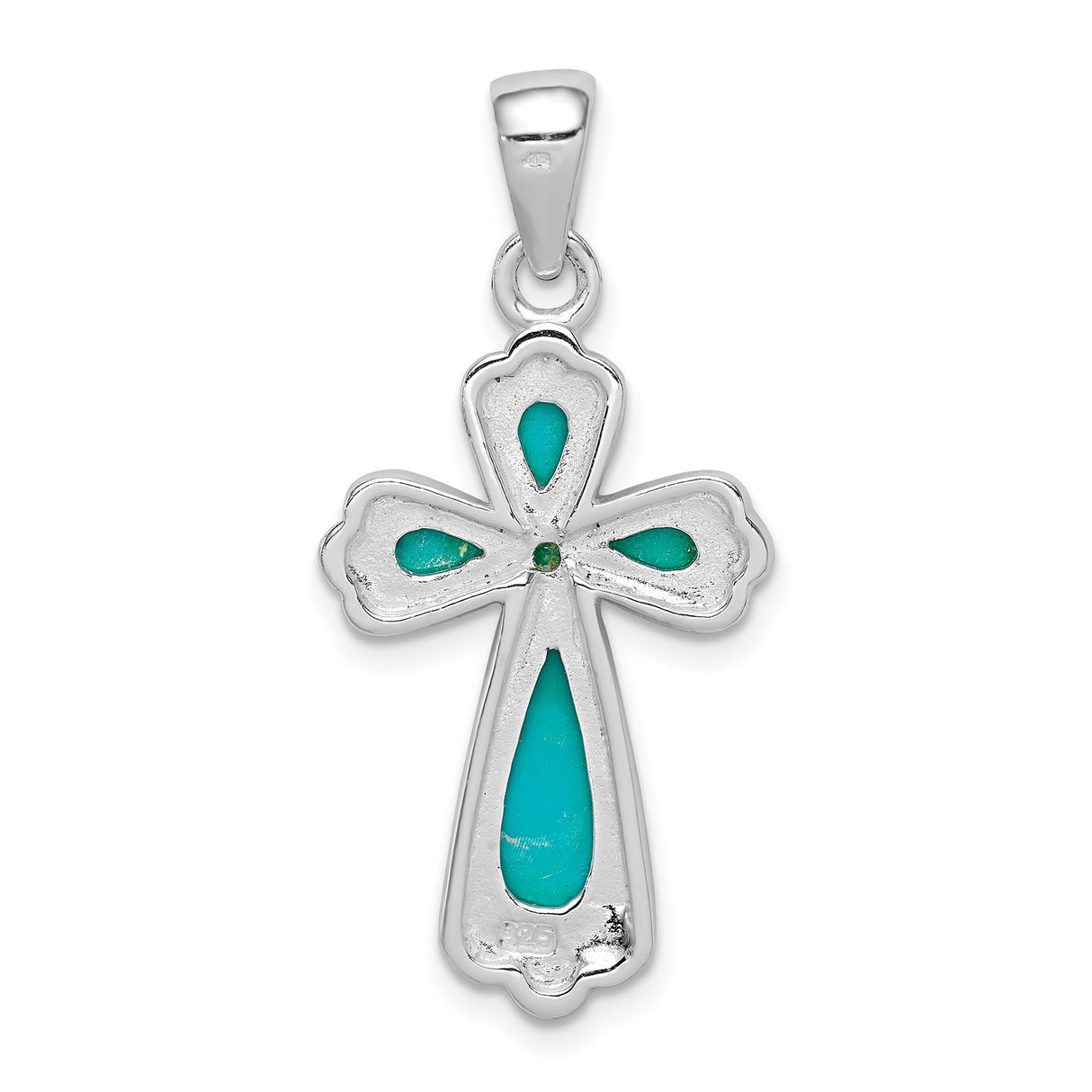 Sterling Silver Cross Pendant with Teardrop Turquoise, Polished Finish, Modern Religious Design