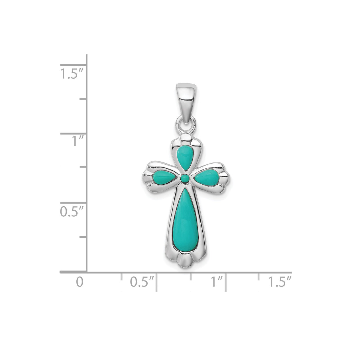 Sterling Silver Cross Pendant with Teardrop Turquoise, Polished Finish, Modern Religious Design
