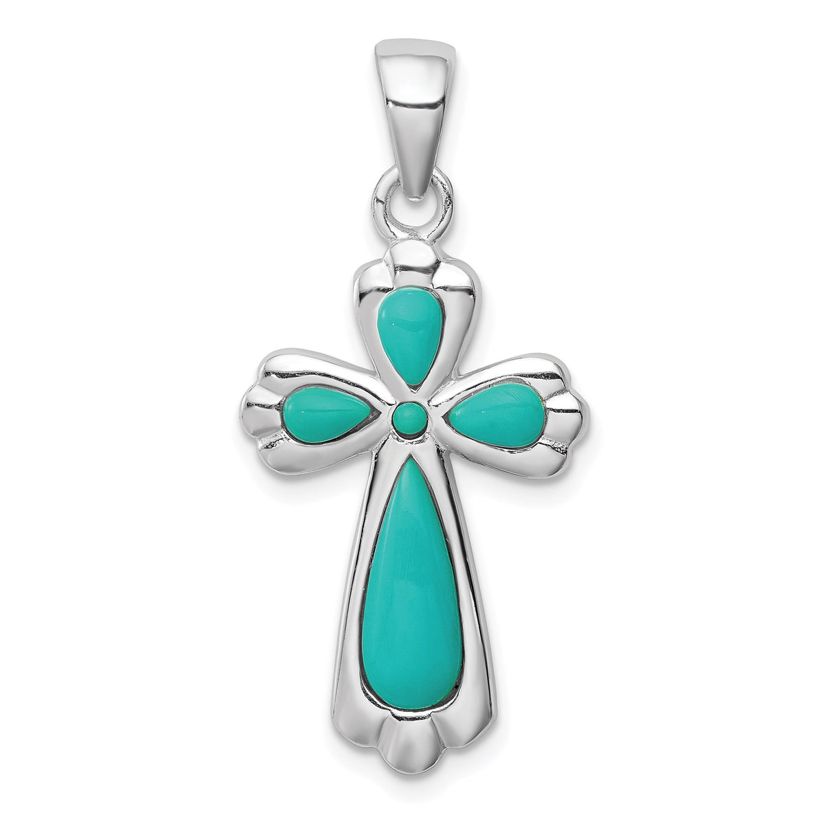 Sterling Silver Cross Pendant with Teardrop Turquoise, Polished Finish, Modern Religious Design