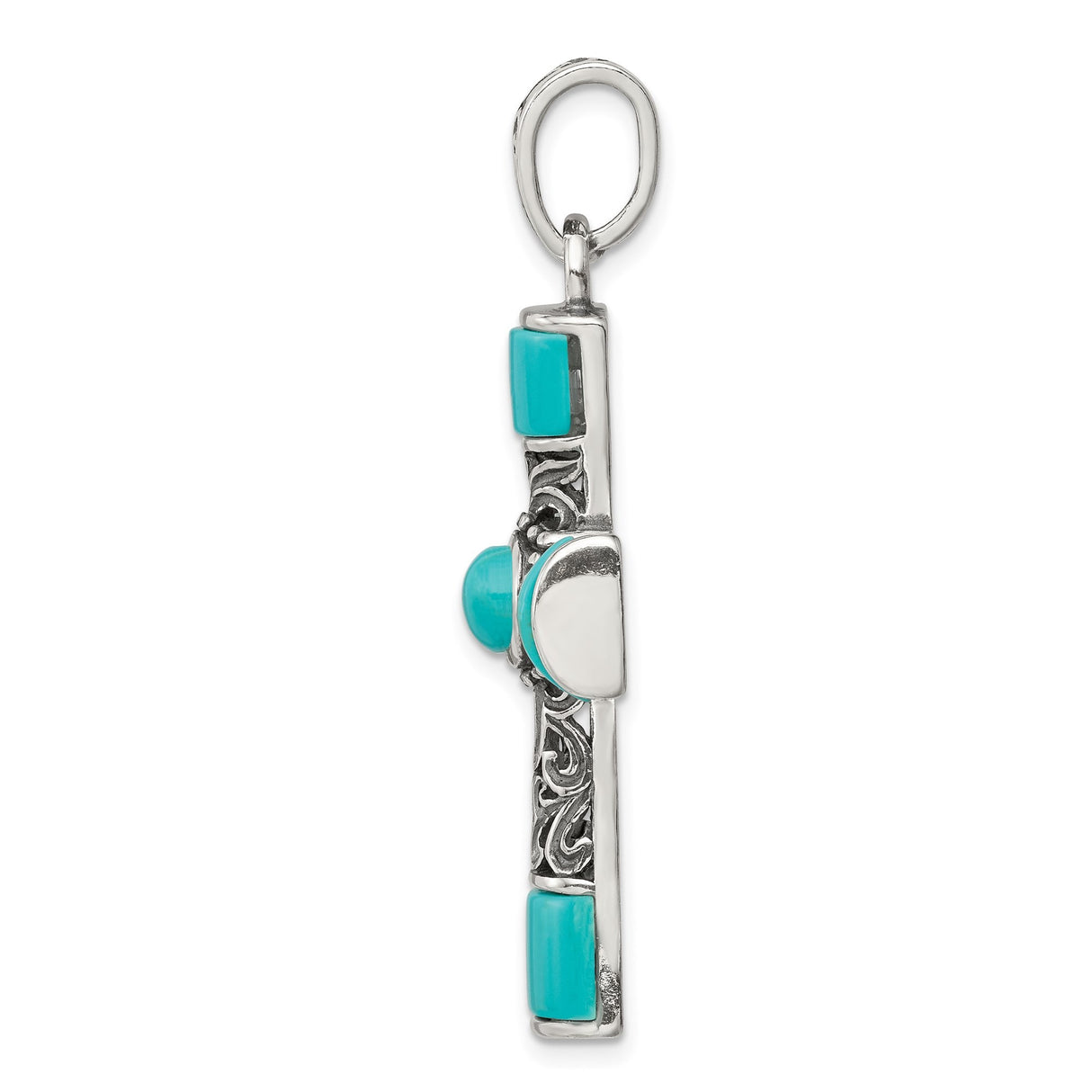 Sterling Silver Cross Pendant with Synthetic Turquoise, Filigree and Scrollwork Design
