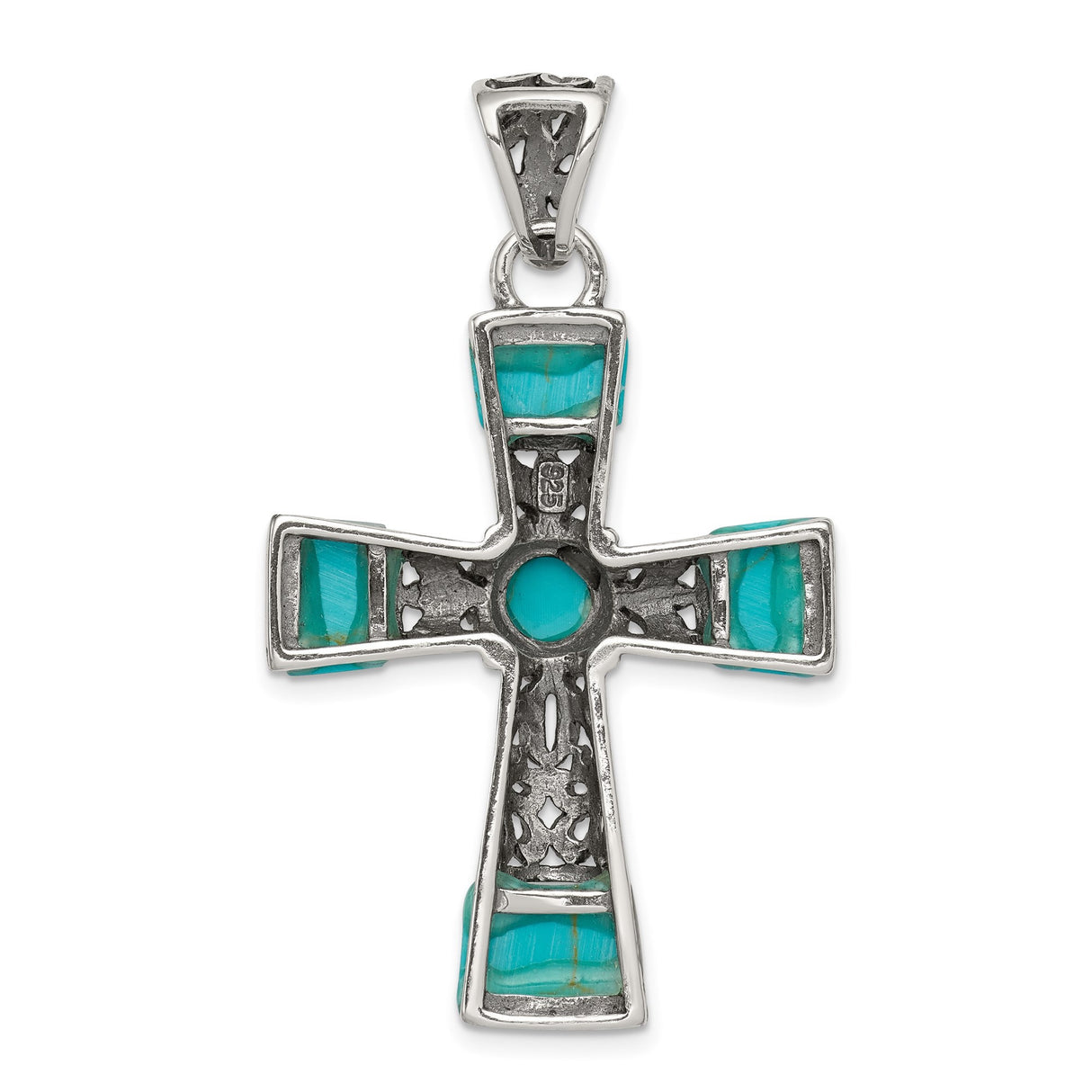 Sterling Silver Cross Pendant with Synthetic Turquoise, Filigree and Scrollwork Design