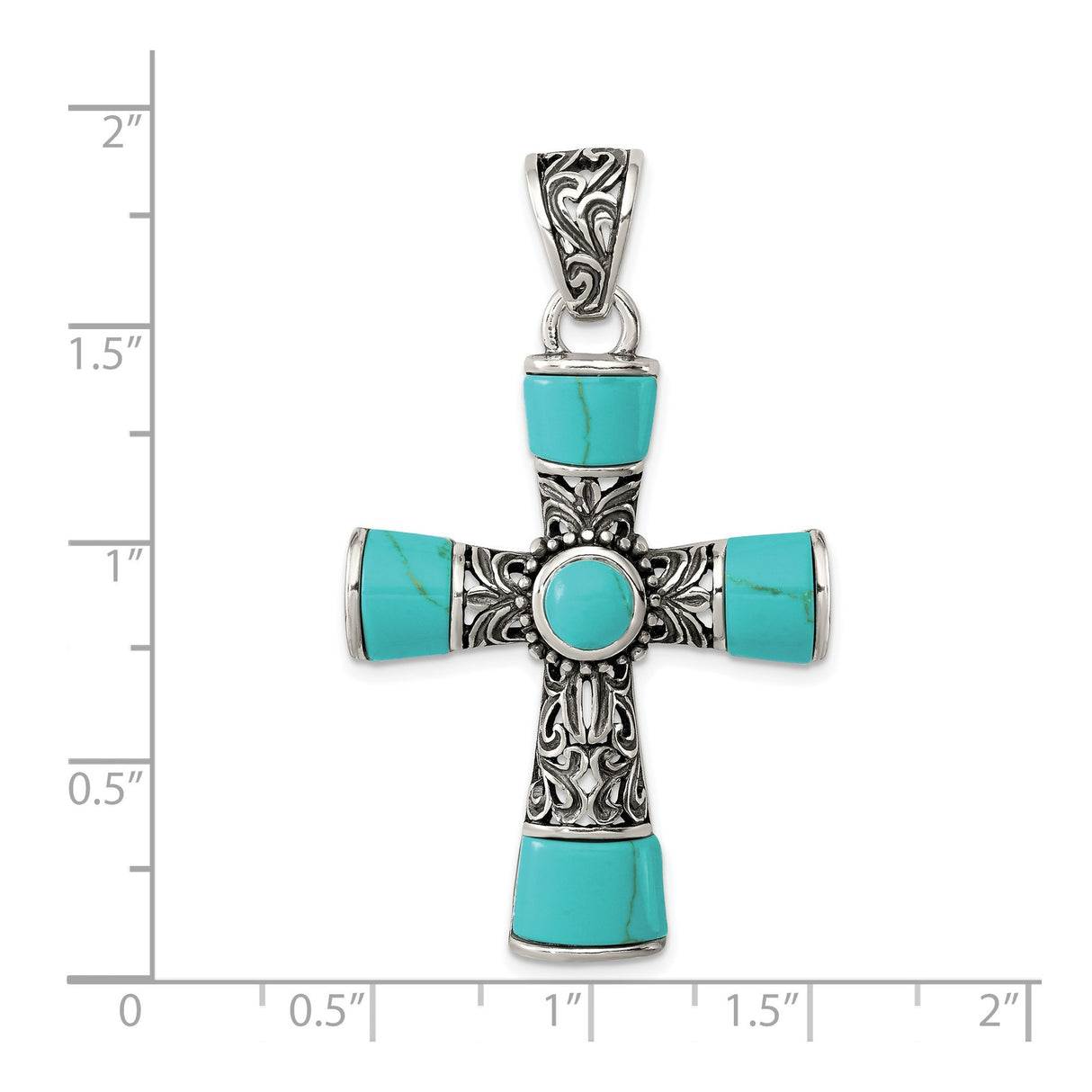 Sterling Silver Cross Pendant with Synthetic Turquoise, Filigree and Scrollwork Design