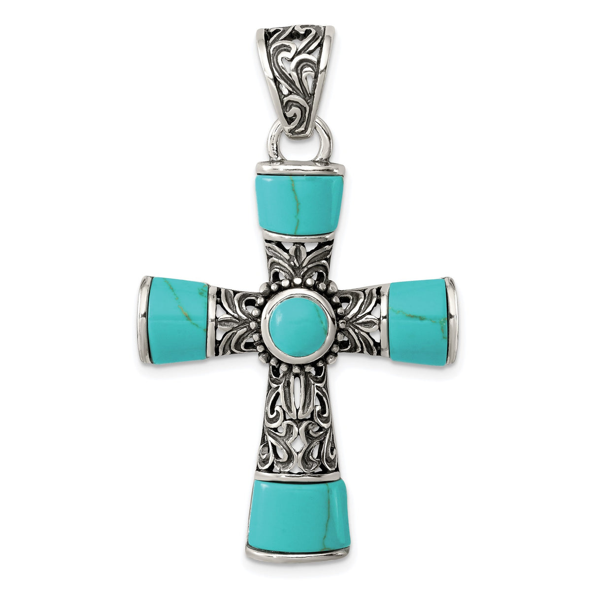 Sterling Silver Cross Pendant with Synthetic Turquoise, Filigree and Scrollwork Design