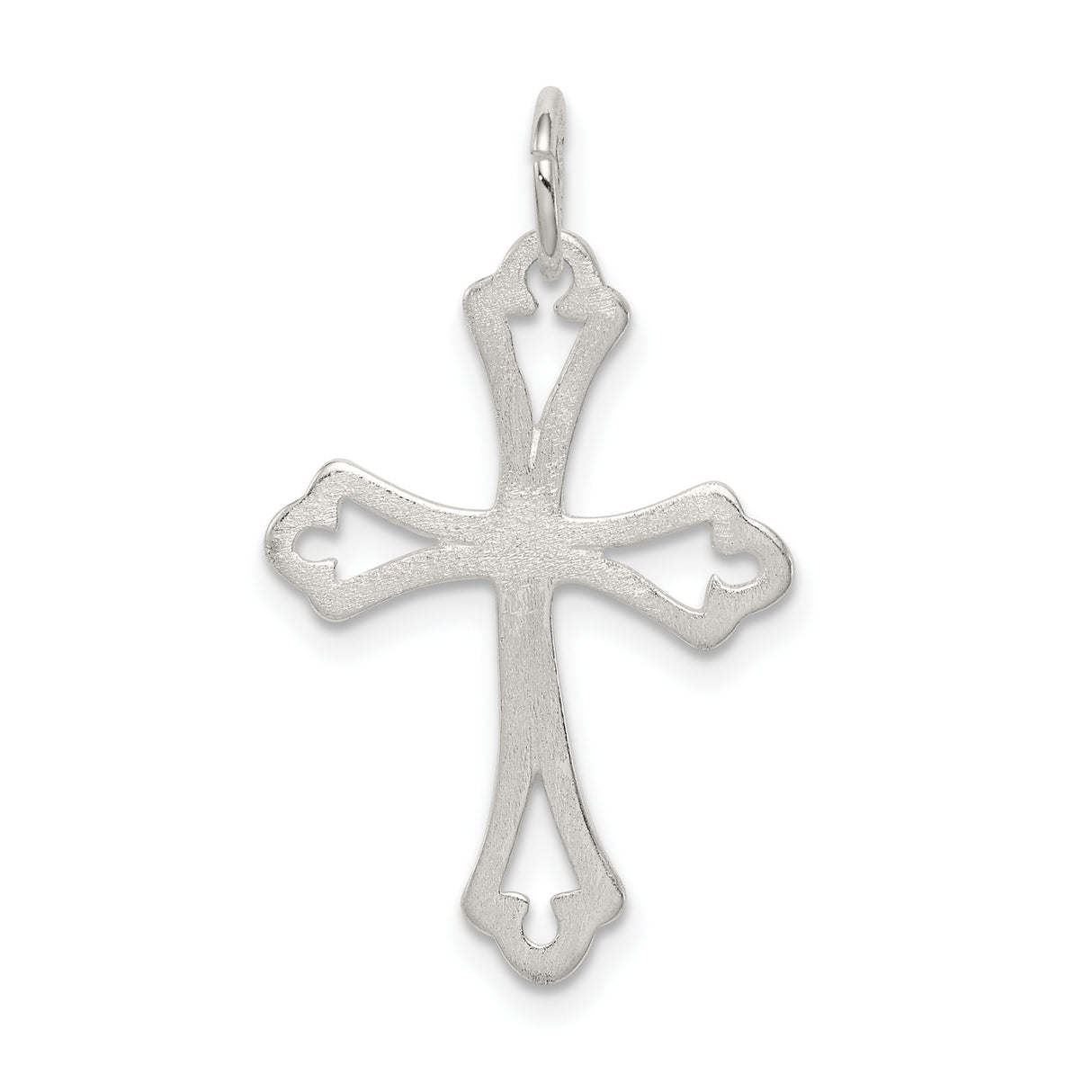 Sterling Silver Cross Pendant with Beveled Edge, Satin Finish, Flared Tips, and Openwork Design