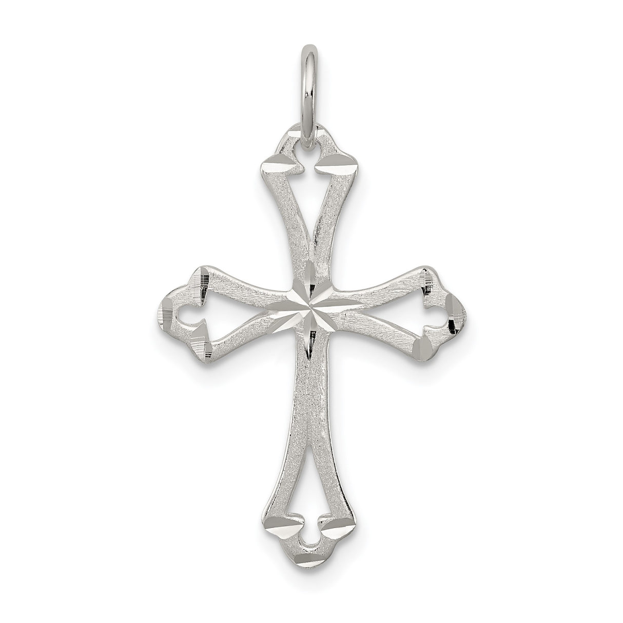 Sterling Silver Cross Pendant with Beveled Edge, Satin Finish, Flared Tips, and Openwork Design