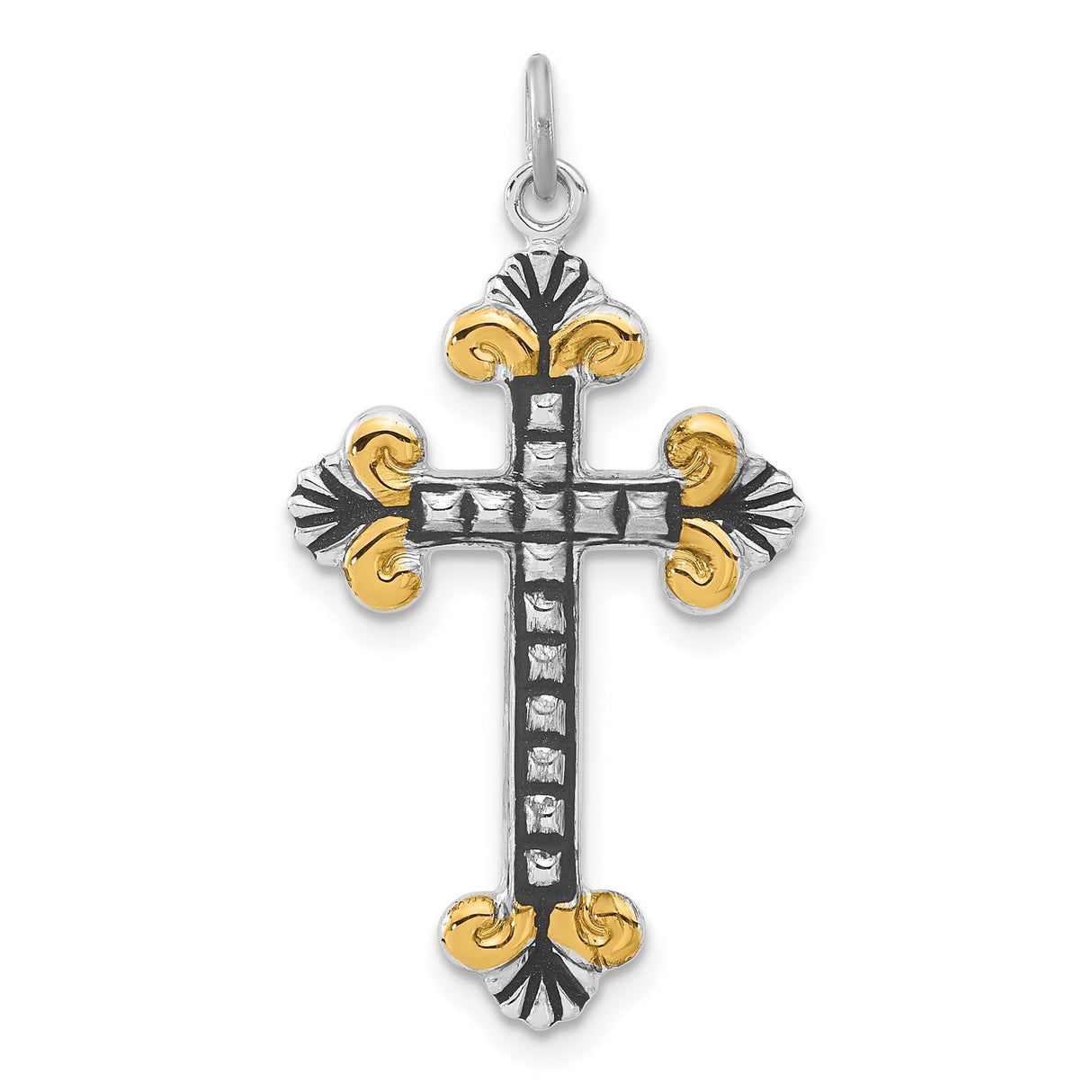 Sterling Silver Cross Pendant with Fleur-de-Lis Detailing and Hammered Texture