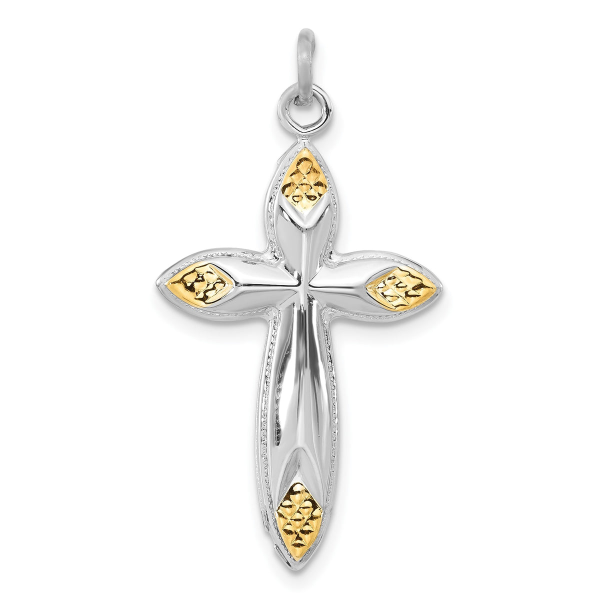 Sterling Silver Two Tone Cross Pendant with Diamond Cut Detailing, Teardrop Edge Design