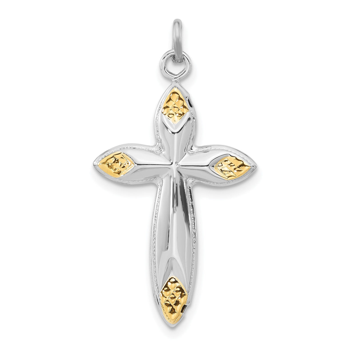 Sterling Silver Two Tone Cross Pendant with Diamond Cut Detailing, Teardrop Edge Design