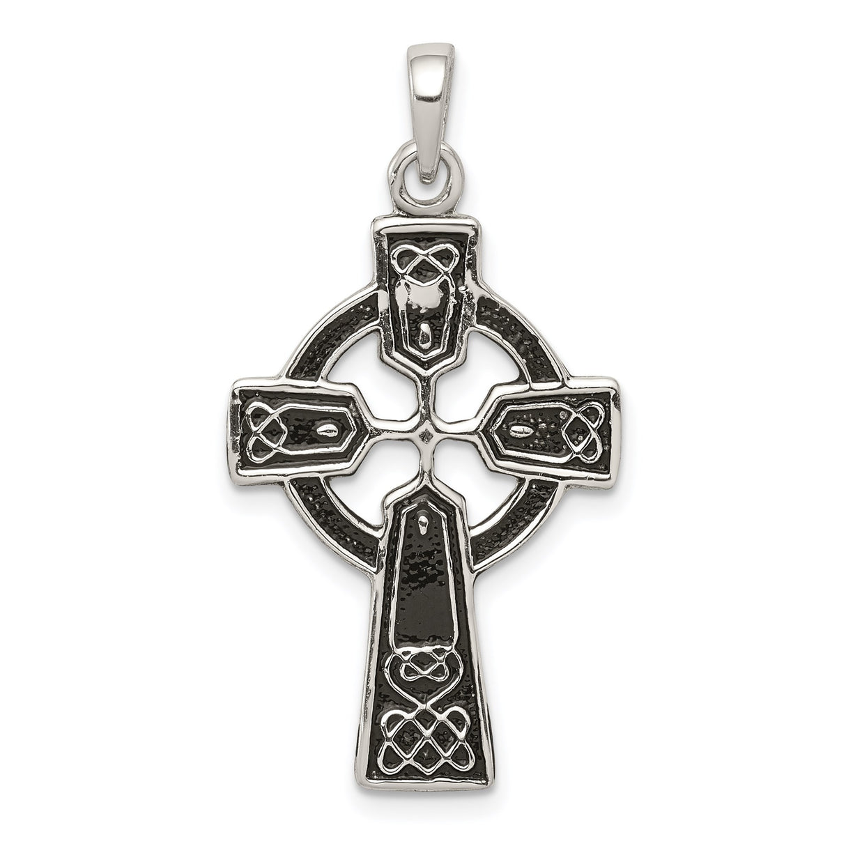 Sterling Silver Cross Pendant with Celtic Knotwork, Oxidized Finish, and Halo Accents