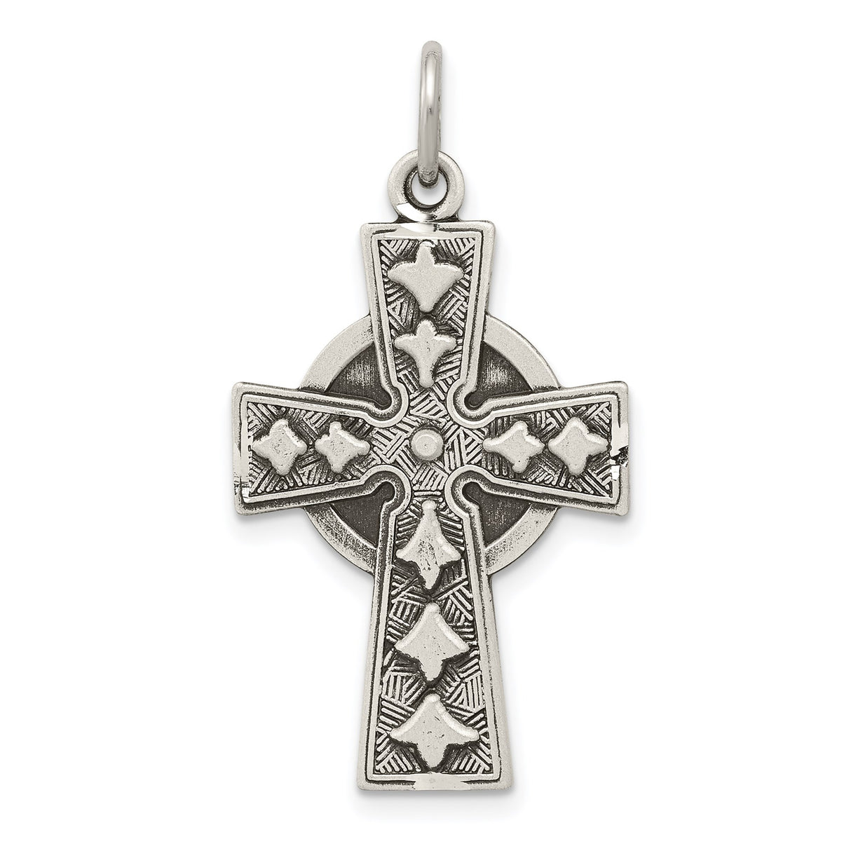 Sterling Silver Cross Pendant with Celtic Inspired Design and Antiqued Religious Detailing