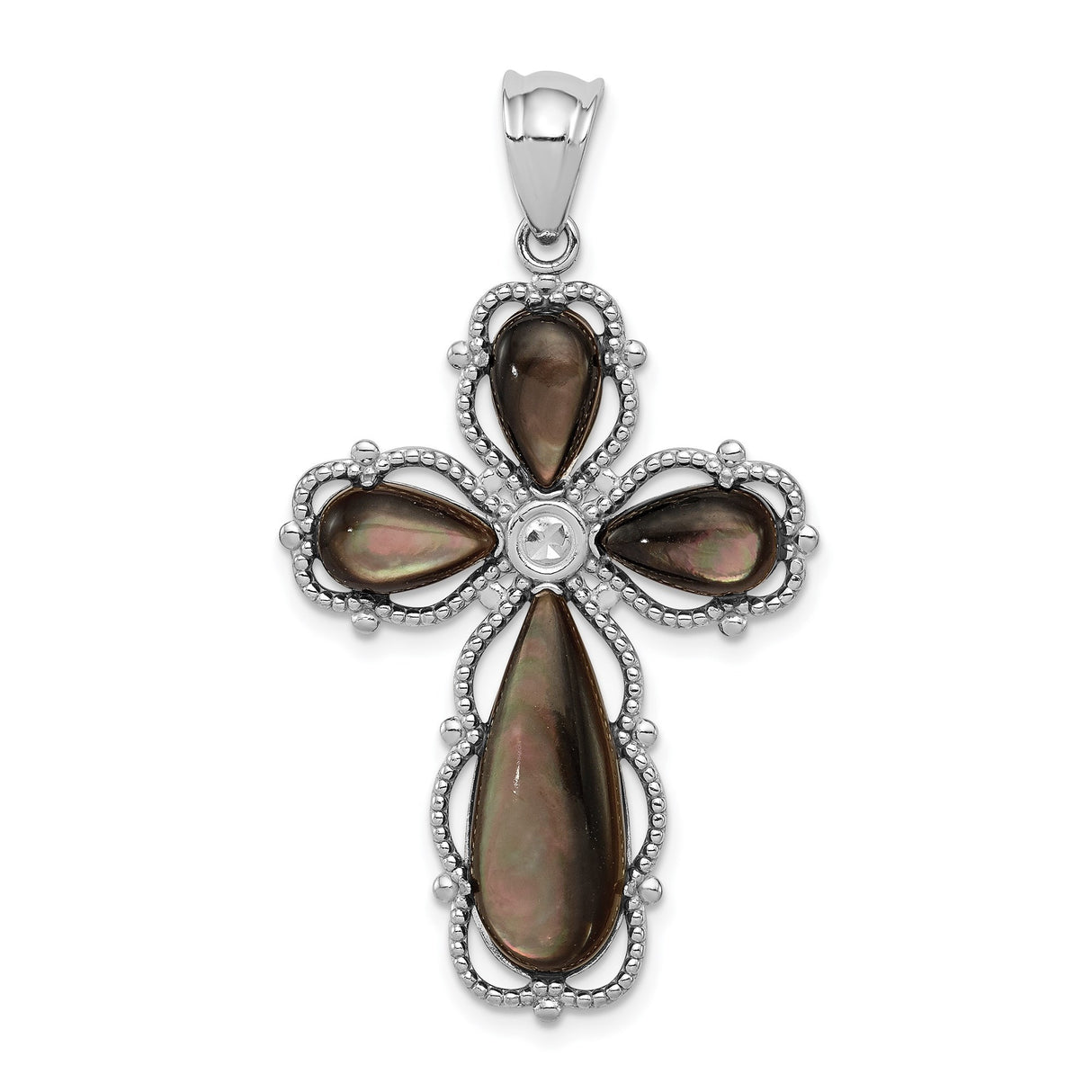 Sterling Silver Cross Pendant with Mother of Pearl Inlay and Beaded Border