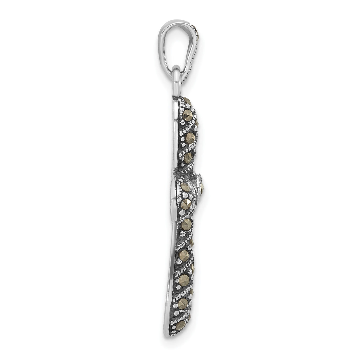 Sterling Silver Cross Pendant with Marcasite, Gold Accents, Oxidized Floral Design
