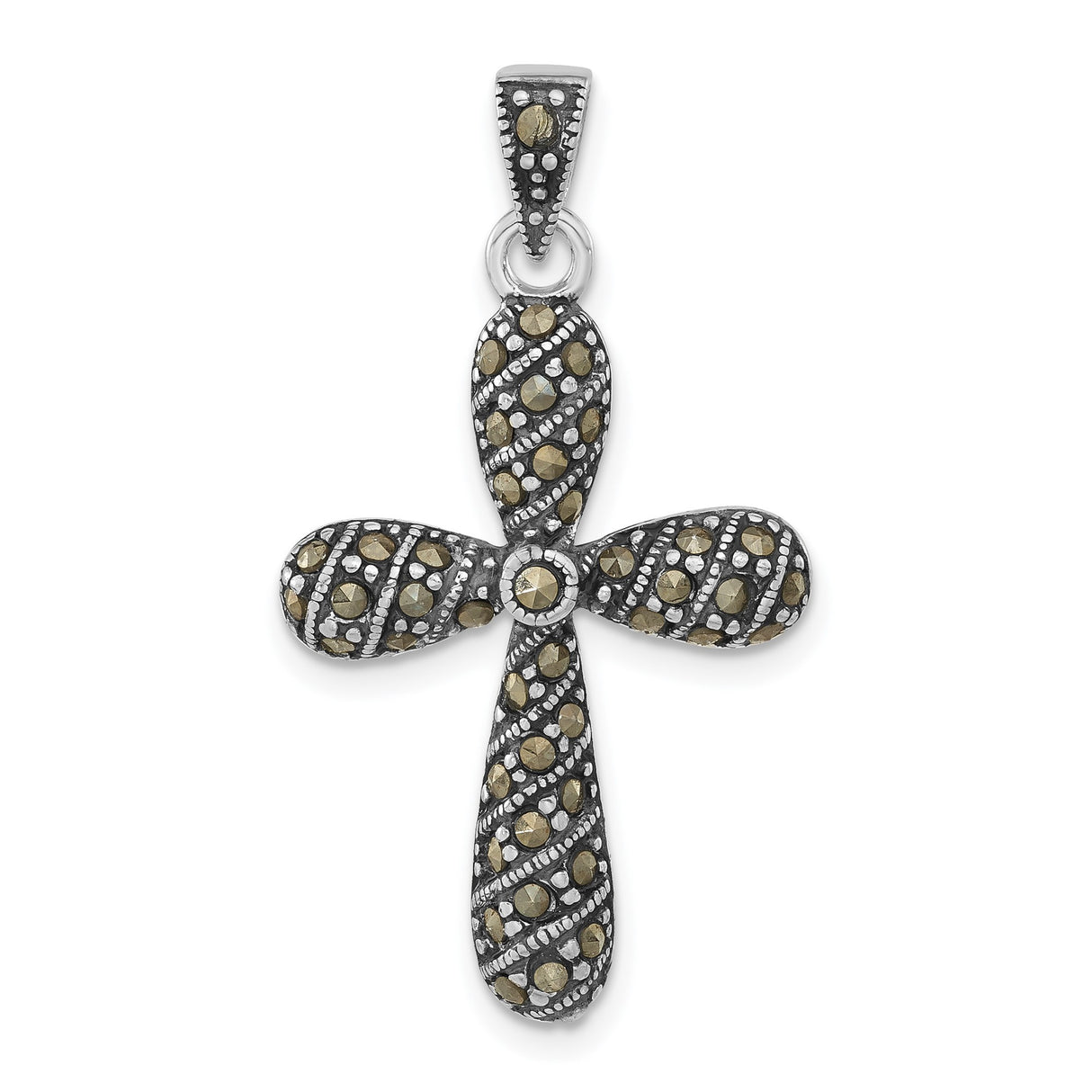 Sterling Silver Cross Pendant with Marcasite, Gold Accents, Oxidized Floral Design