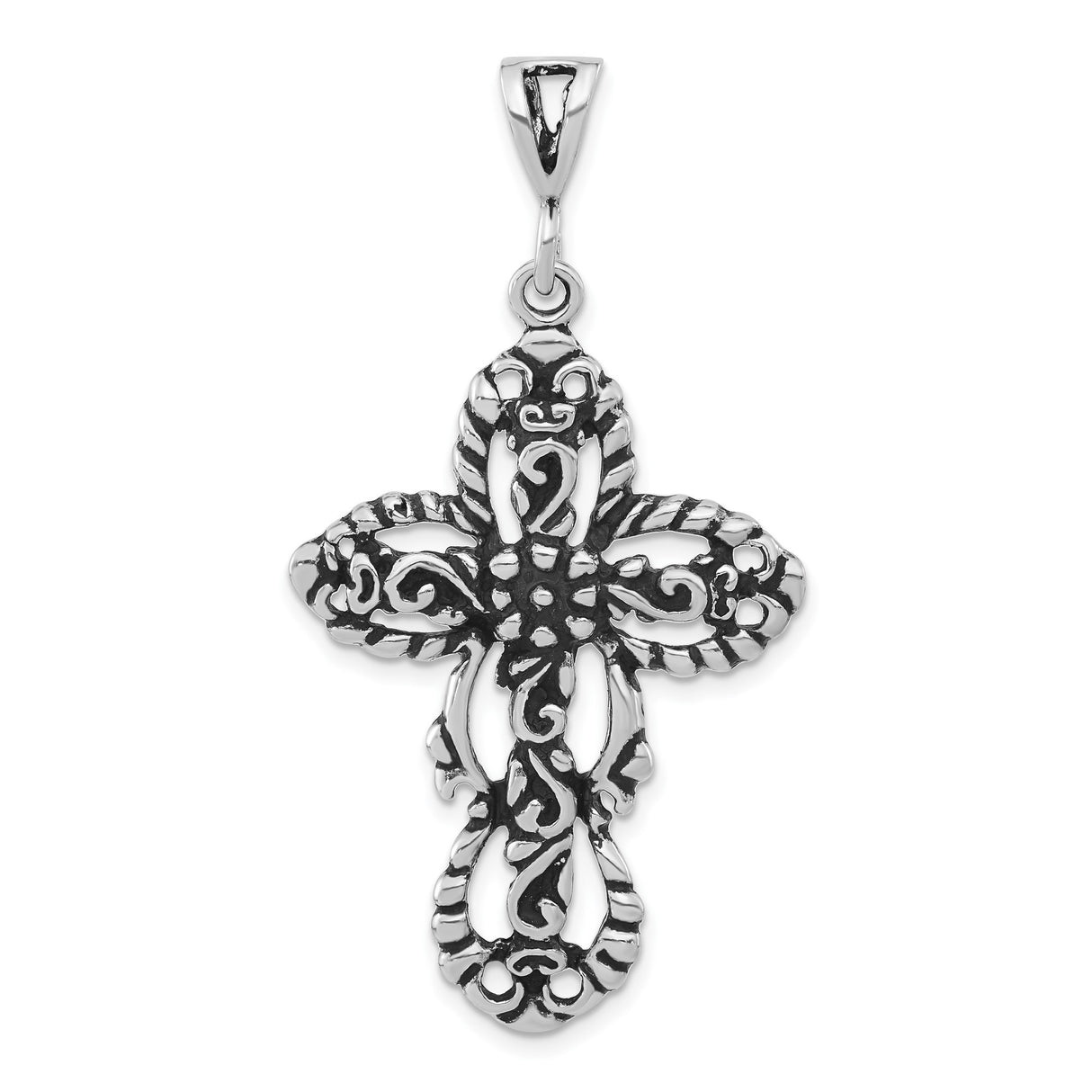 Sterling Silver Cross Pendant with Twisted Rope Detail and Oxidized Filigree Design