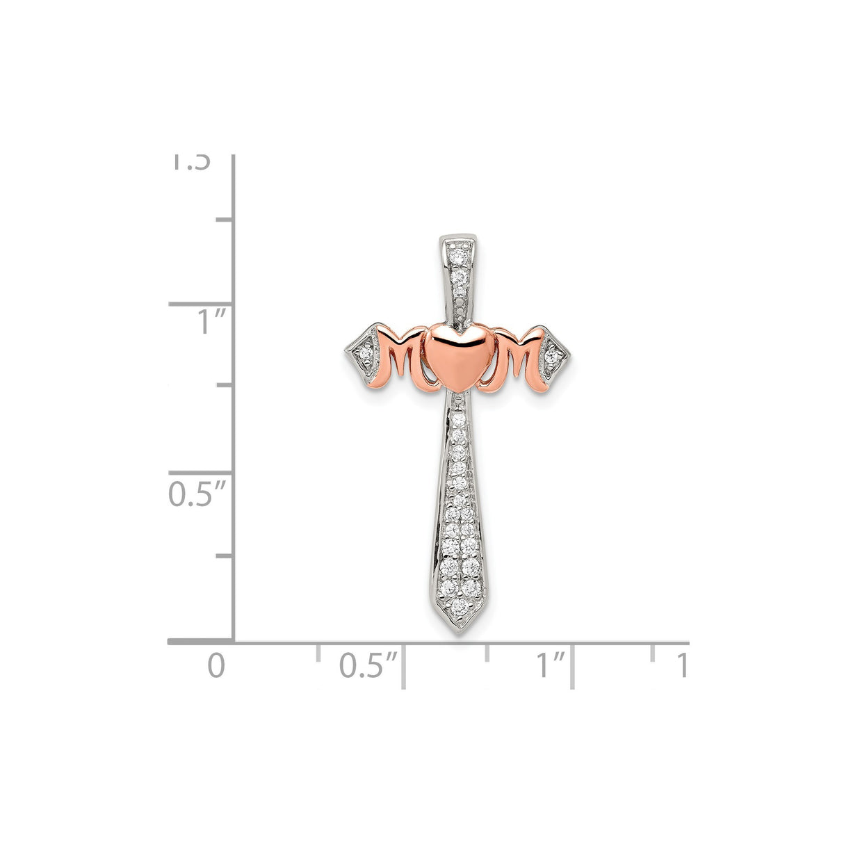 Sterling Silver Cross Pendant with Cubic Zirconia, Rose Gold Accents and Heart Detail