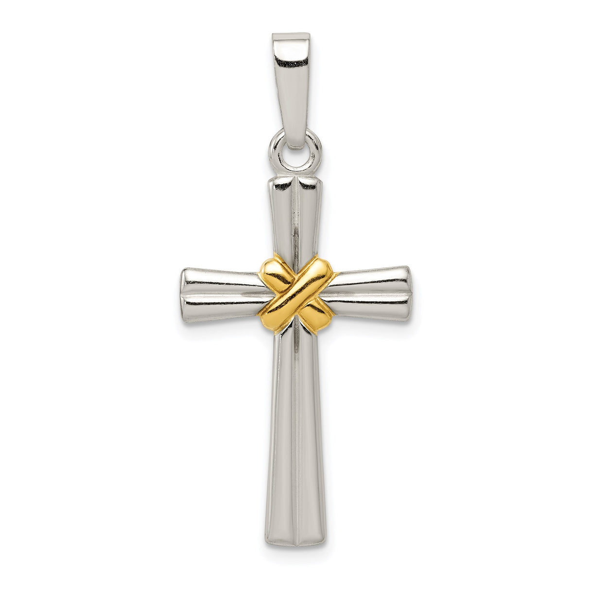 Sterling Silver Cross Pendant with Polished Faith Charm and Fluted Design