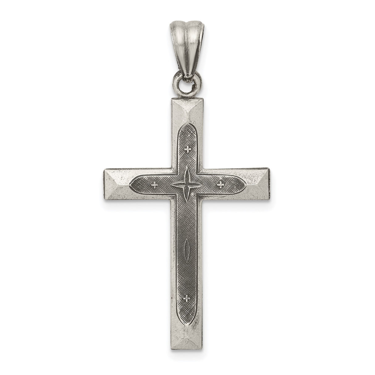 Sterling Silver Latin Cross Pendant with Starburst Detail and Brushed Finish