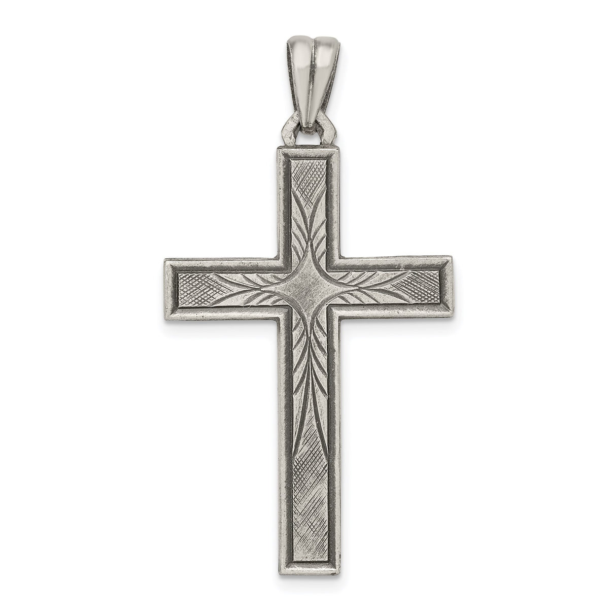 Sterling Silver Cross Pendant with Leaf Accents, Brushed and Polished Matte Finish, Vintage Style