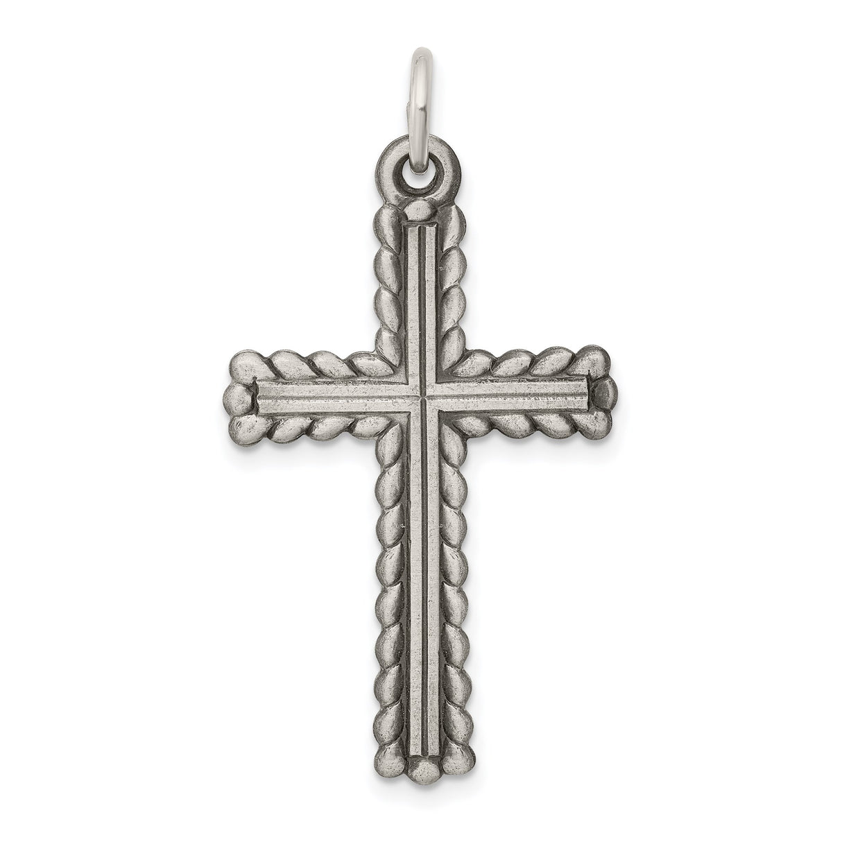 Sterling Silver Cross Pendant with Brushed Finish and Twisted Rope Border