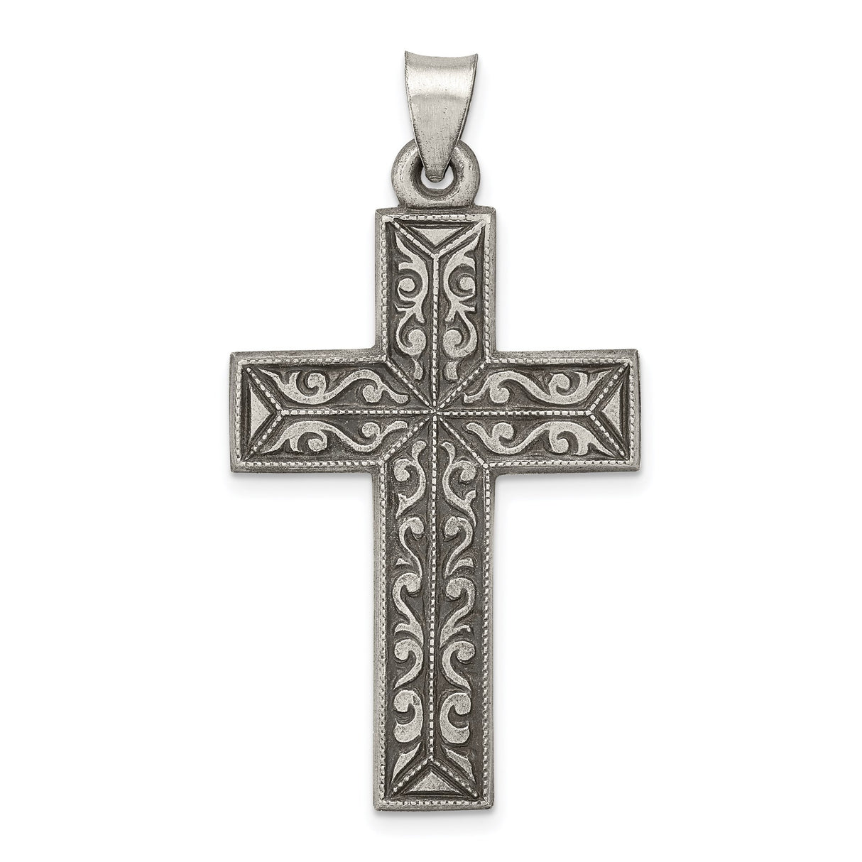 Sterling Silver Cross Pendant with Ornate Details and Brushed Polished Finish