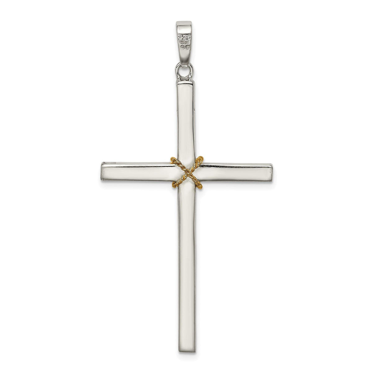 Sterling Silver Crucifix Cross Pendant with Dual Tone Rope Accent and Mirror Finish