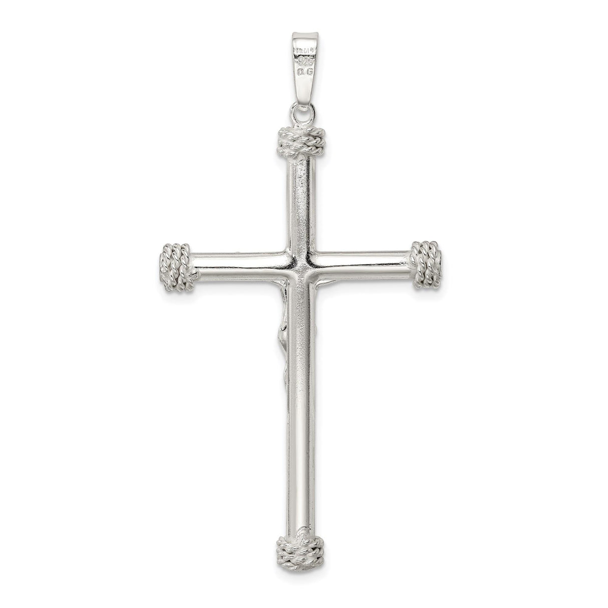 Sterling Silver Crucifix Pendant with Raised Jesus Figure and Rope Detailing