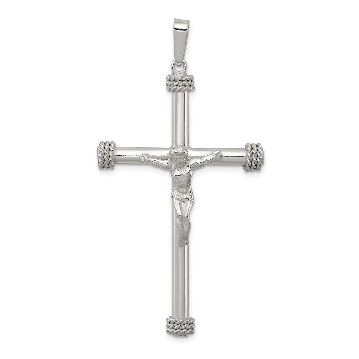 Sterling Silver Crucifix Pendant with Raised Jesus Figure and Rope Detailing