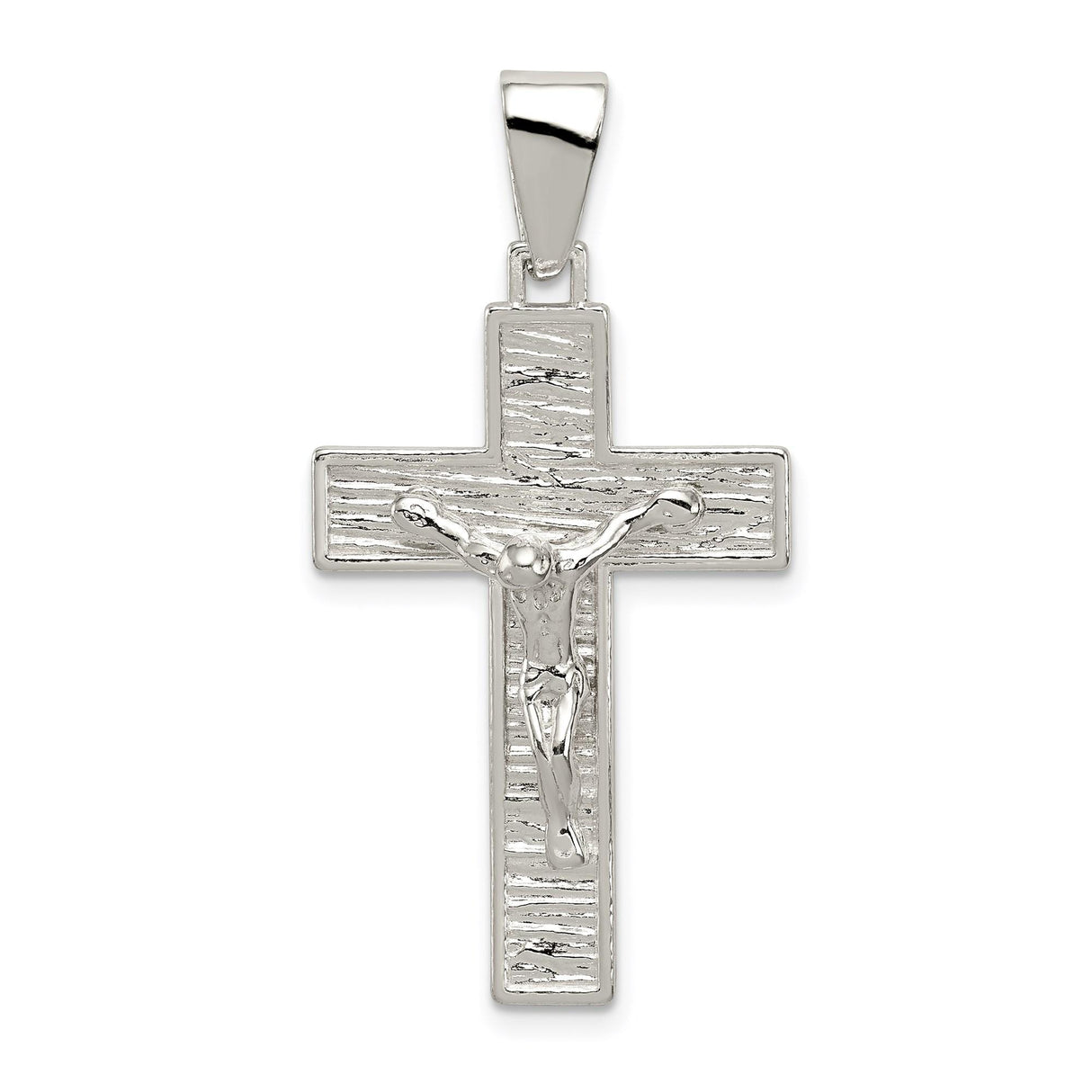 Sterling Silver Crucifix Pendant with Jesus Figure on Textured Woodgrain Cross
