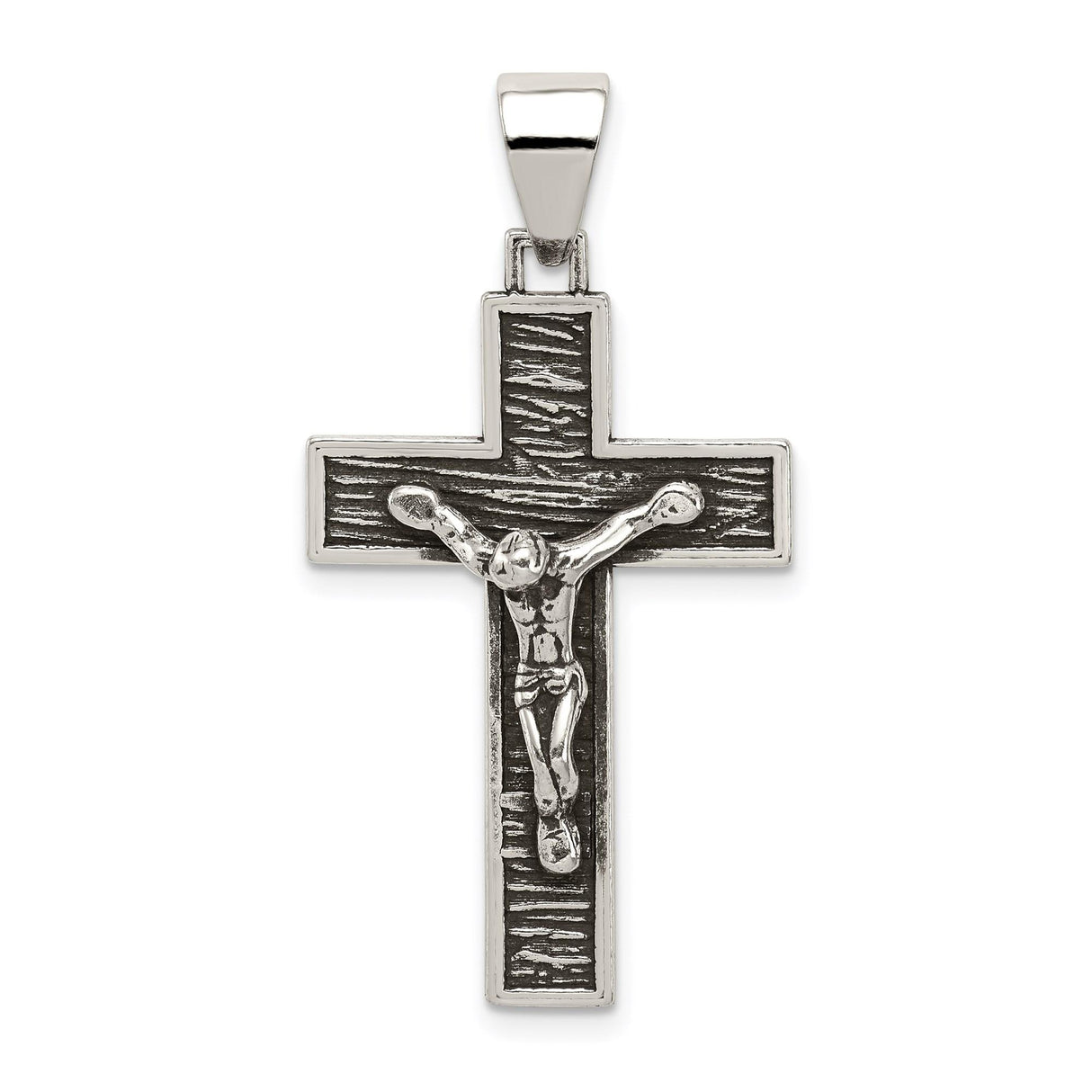 Sterling Silver Crucifix Cross Pendant with Textured Antique Finish and Polished Bail