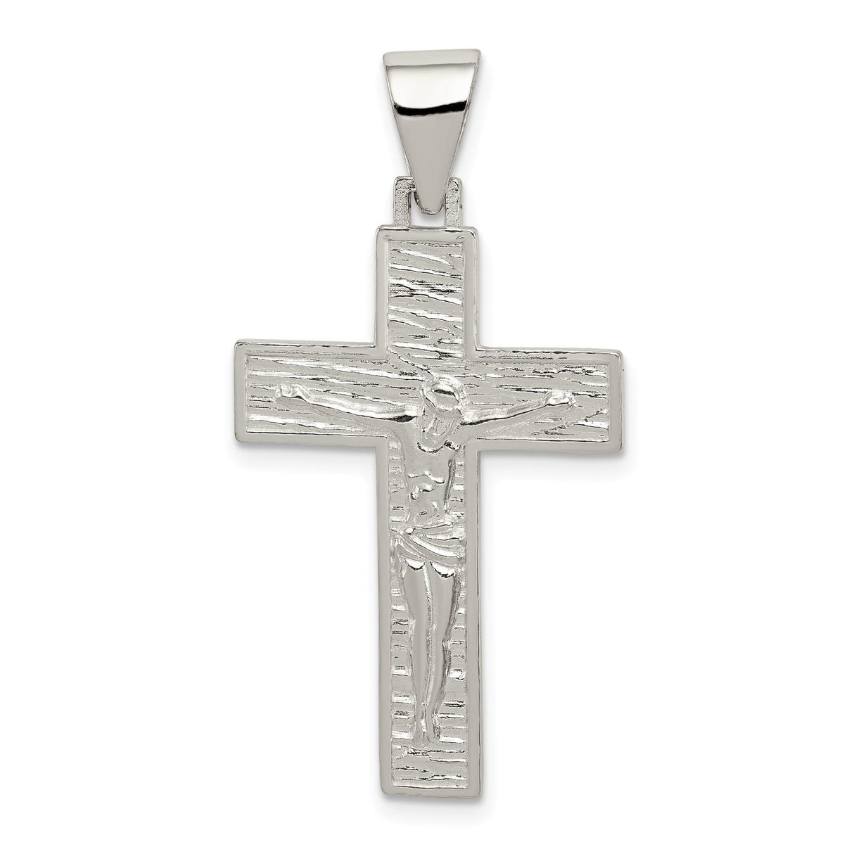 Sterling Silver Crucifix Cross Pendant with Woodgrain Texture and Raised Jesus Figure