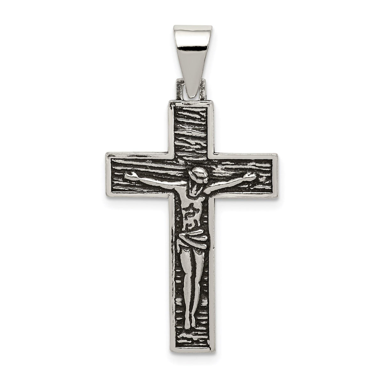 Sterling Silver Crucifix Pendant with Textured Woodgrain Cross and Detailed Jesus Figure
